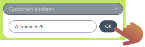 KI generiert: Eingabefeld für Gutschein mit dem Text "Willkommen26" und einem OK-Button.