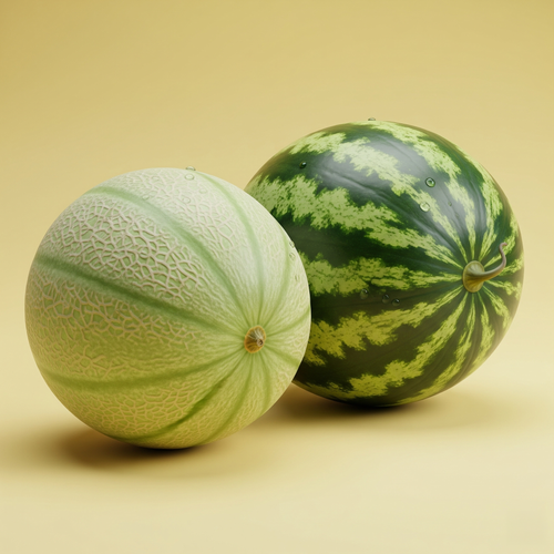 KI generiert: Zwei Melonen auf gelbem Hintergrund, eine Netzmelone und eine Wassermelone.