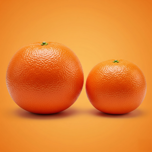 KI generiert: Zwei Orangen in unterschiedlichen Größen vor einem orangefarbenen Hintergrund.