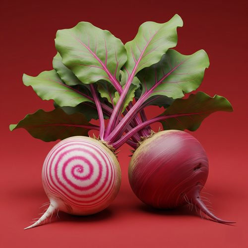 KI generiert: Zwei Rote Bete mit grünen Blättern auf rotem Hintergrund.