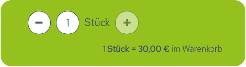 KI generiert: Grüner Einkaufs-Button mit Menge- und Preisangabe: „1 Stück = 30,00 € im Warenkorb“.