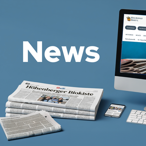 KI generiert: Zeitung, Smartphone, Computerbildschirm mit Text "News" und "Höhenberger Biokiste".