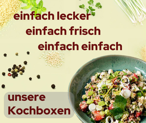 KI generiert: Bild mit einem Salat und Text: "einfach lecker, einfach frisch, einfach einfach, unsere Kochboxen".