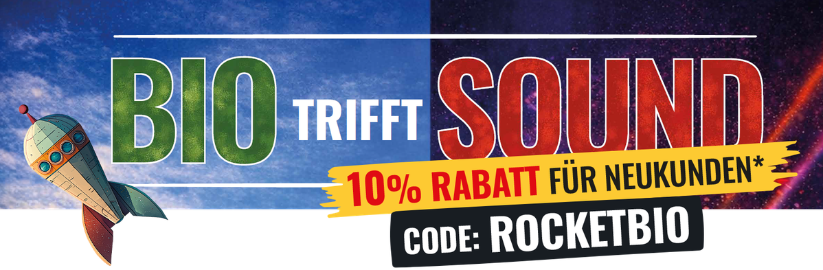 KI generiert: Bio trifft Sound, 10% Rabatt für Neukunden, Code: ROCKETBIO. Bild einer Rakete.