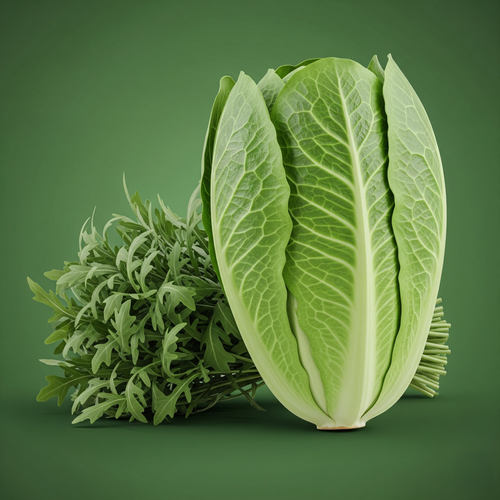 KI generiert: Frischer Römersalat und Rucola vor grünem Hintergrund.