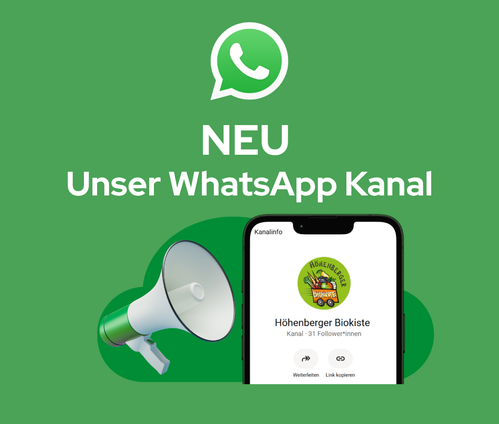 KI generiert: WhatsApp-Kanal-Ankündigung mit Megafon und Handydisplay. Text: "NEU Unser WhatsApp Kanal"