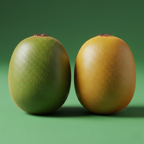 KI generiert: Zwei Kiwis nebeneinander, eine grün und eine gelb, auf grünem Hintergrund.
