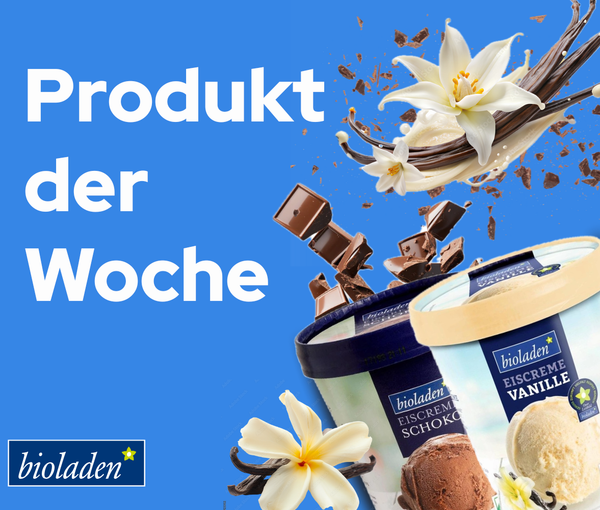KI generiert: Eiswaffeln in Vanille- und Schokoladen-Geschmack, Text: "Produkt der Woche", "bioladen EISCREME VANILLE".