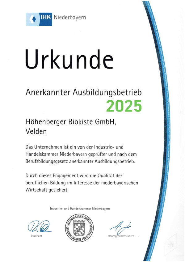 KI generiert: Zertifikat für Höhenberger Biokiste GmbH, als anerkannter Ausbildungsbetrieb 2025 von der IHK Niederbayern.