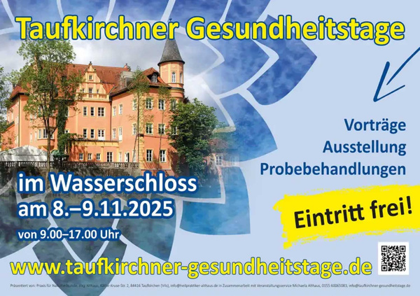 KI generiert: Ein Schloss, Werbung für "Taufkirchner Gesundheitstage" am 8.–9.11.2025, Eintritt frei. www.taufkirchner-gesundheitstage.de