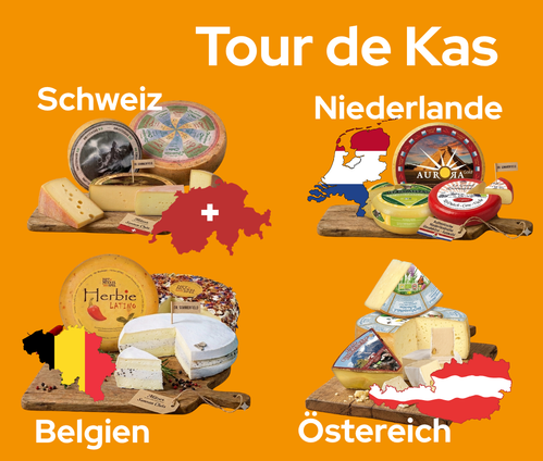 KI generiert: Käsesorten aus der Schweiz, Niederlande, Belgien und Österreich vor je einer Landeskarte. Text: "Tour de Kas".