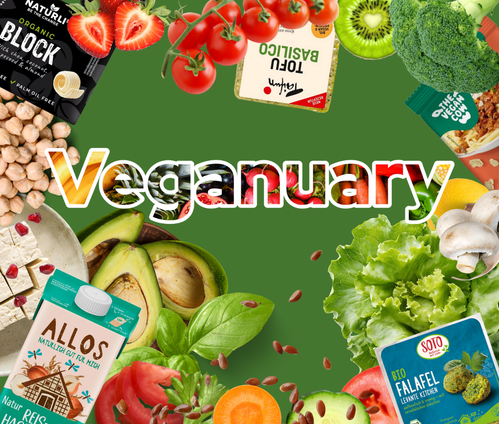 KI generiert: Grüner Hintergrund mit veganen Lebensmitteln und dem Text „Veganuary“.