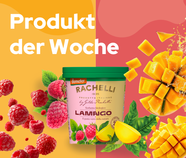 KI generiert: Im Bild ist ein Eisprodukt mit Himbeeren und Mangos. Text: "Produkt der Woche".
