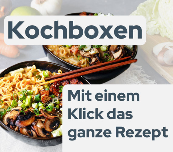 KI generiert: Zwei Schalen mit Essen; Text: "Kochboxen Mit einem Klick das ganze Rezept".