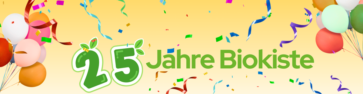 KI generiert: Ballons und Konfetti mit Text: "25 Jahre Biokiste".