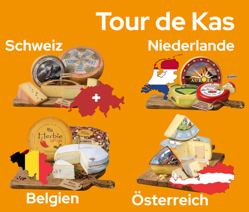 KI generiert: Käseauswahl aus Schweiz, Niederlande, Belgien und Österreich mit Landesumrissen auf orangefarbenem Hintergrund.