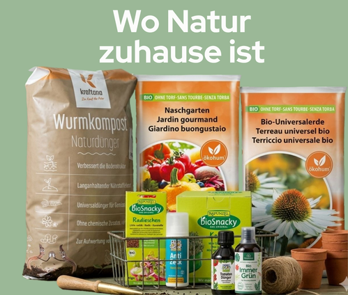 KI generiert: Gartenprodukte wie Dünger und Erde. Text: "Wo Natur zuhause ist".