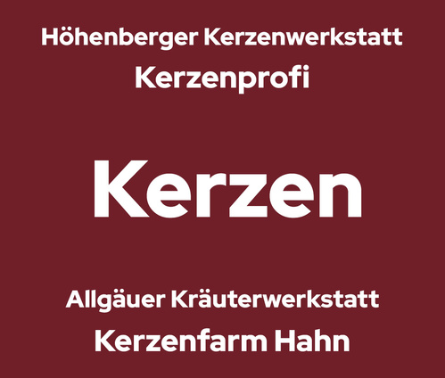 KI generiert: Auf burgunderrotem Hintergrund steht der Text: "Höhenberger Kerzenwerkstatt Kerzenprofi Kerzen Allgäuer Kräuterwerkstatt Kerzenfarm Hahn".