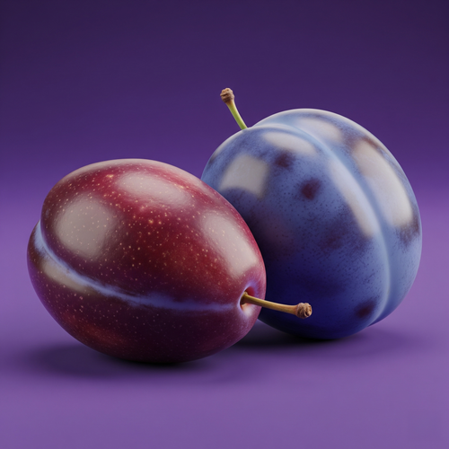 KI generiert: Zwei reife Pflaumen, eine rot und eine blau, auf lila Hintergrund.