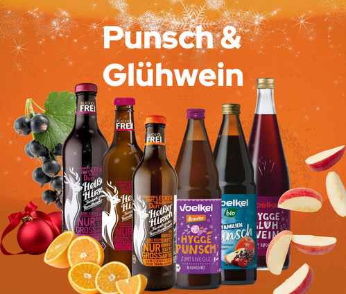 KI generiert: Flaschen mit Punsch und Glühwein vor einem winterlichen Hintergrund. Text: "Punsch & Glühwein".