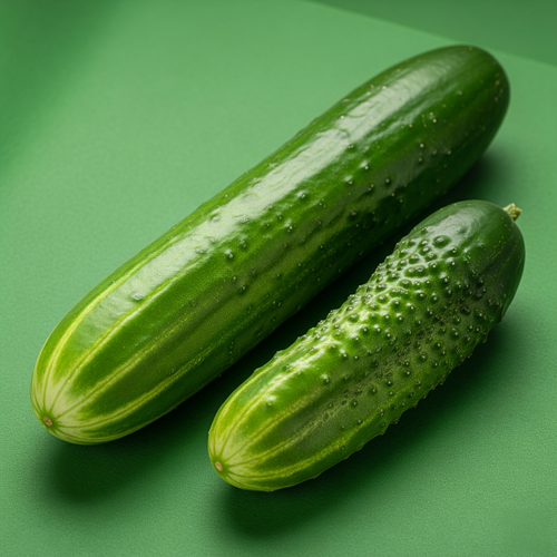 KI generiert: Zwei Gurken auf einem grünen Hintergrund, eine lang und glatt, die andere kürzer und genoppt.