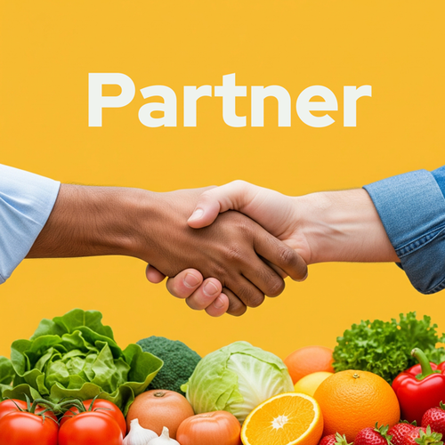 KI generiert: Händedruck über frischem Obst und Gemüse, mit dem Wort "Partner" über der Szene.