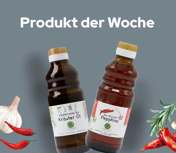 KI generiert: Zwei Flaschen mit Kräuteröl und Wurzelextrakt, Text: "Produkt der Woche".