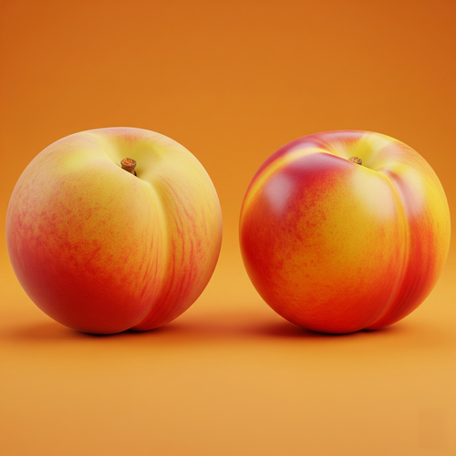 KI generiert: Zwei gelb-orangefarbene Pfirsiche vor einem orangen Hintergrund.