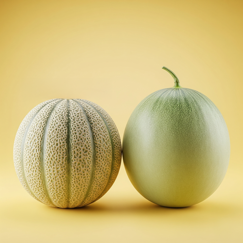 KI generiert: Zwei Melonen, eine mit gerillter Schale, die andere glatt, auf gelbem Hintergrund.