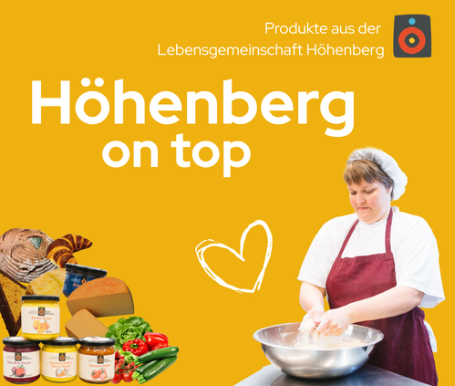 KI generiert: Eine Person knetet Teig, umgeben von Lebensmitteln, mit dem Text: "Produkte aus der Lebensgemeinschaft Höhenberg".