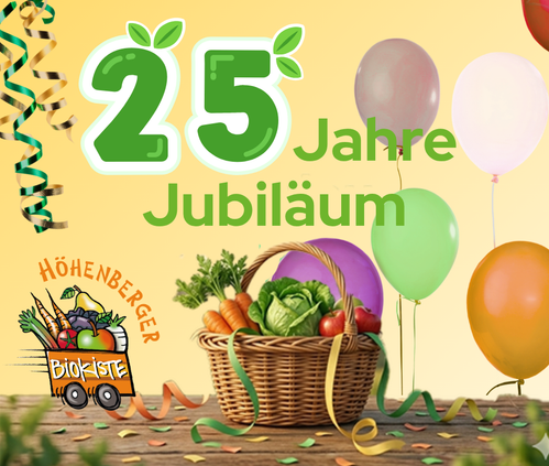 KI generiert: Ein Korb mit Gemüse, Luftballons und der Text: "25 Jahre Jubiläum Höhenberger Biokiste".