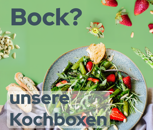 KI generiert: Salat mit Spargel und Erdbeeren, Brot; Text: "Bock? unsere Kochboxen".