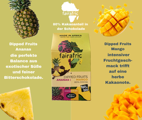 KI generiert: Verpackung von fairafric Schokolade, Dipped Fruits Ananas und Mango, mit 80% Kakaoanteil.