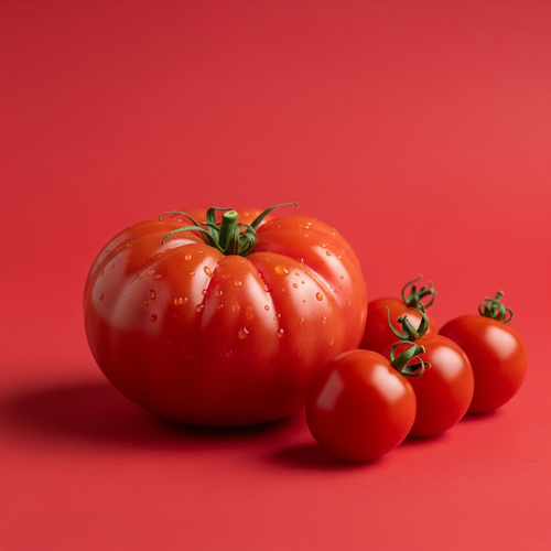 KI generiert: Eine große und drei kleine Tomaten auf rotem Hintergrund.
