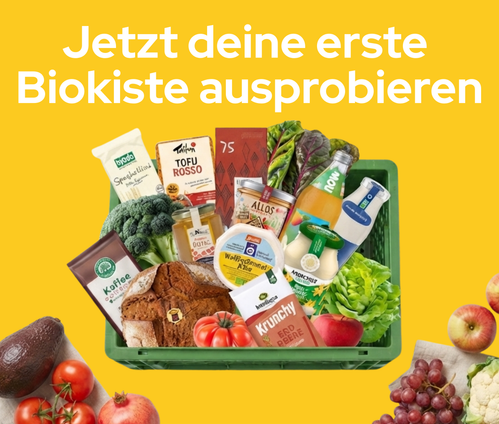 KI generiert: Eine Biokiste mit verschiedenen Lebensmitteln. Text: "Jetzt deine erste Biokiste ausprobieren".