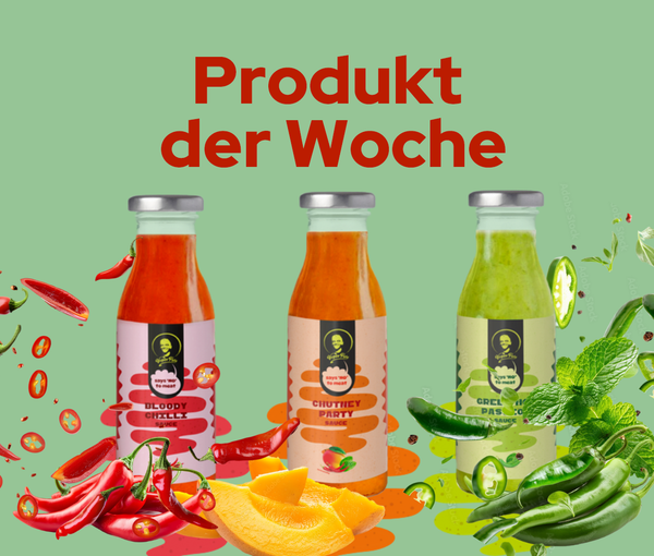 KI generiert: Drei bunte Soßenflaschen mit der Aufschrift "Produkt der Woche".