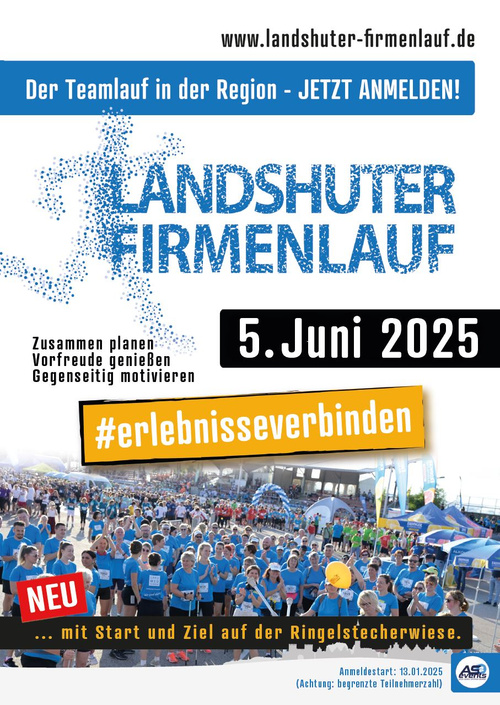 KI generiert: Das Bild ist ein Werbeposter für den Landshuter Firmenlauf am 5. Juni 2025, dessen Start und Ziel auf der Ringelstecherwiese ist. Es fordert zur Anmeldung auf und betont den Gemeinschaftsaspekt des Events mit dem Hashtag #erlebnisseverbinden.
