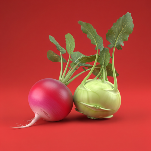 KI generiert: Radieschen und Kohlrabi auf rotem Hintergrund.
