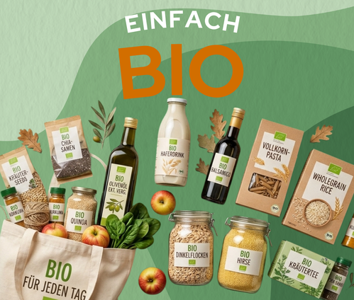 KI generiert: Das Bild zeigt Bio-Lebensmittelprodukte mit dem Text: "EINFACH BIO".