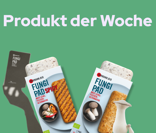 KI generiert: Verpackungen von "FUNGI PAD", Fleischalternativen, mit Text "Produkt der Woche".