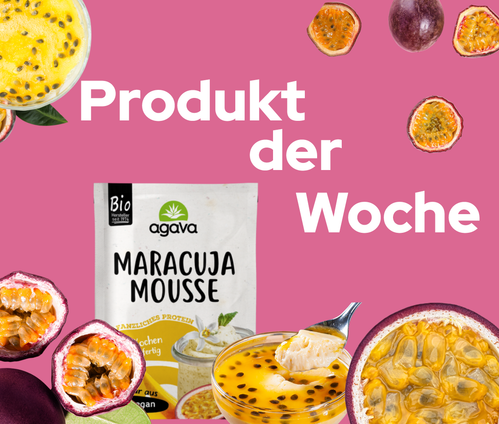 KI generiert: Produkt der Woche: Agava Maracuja Mousse mit frischen Maracuja-Abbildungen.