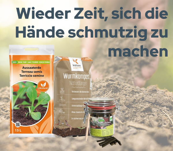 KI generiert: Produkte für Gartenanbau; Text: "Wieder Zeit, sich die Hände schmutzig zu machen."