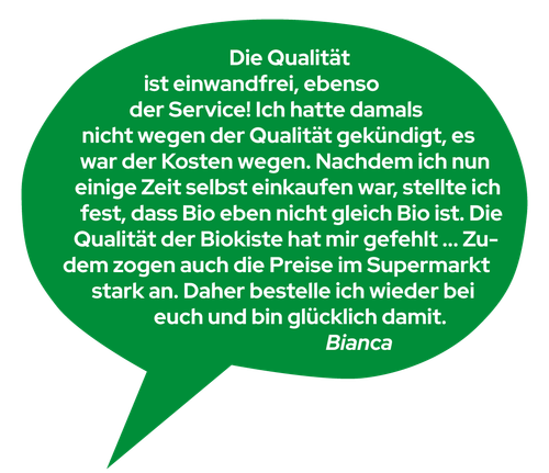 KI generiert: Grünes Sprechblasen-Design mit einem Kundenlob über die Qualität und den Service der Biokiste von Bianca.