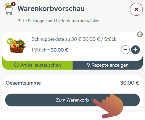 KI generiert: Warenkorbansicht mit einem Artikel im Wert von 30,00 €. Text: "Zum Warenkorb".