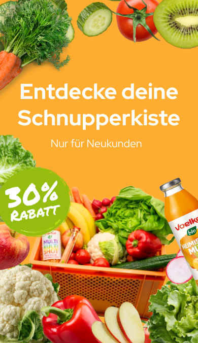 KI generiert: Ein Korb mit Obst und Gemüse, Werbung für eine „Schnupperkiste“ mit 30% Rabatt. Text: "Entdecke deine Schnupperkiste Nur für Neukunden 30% RABATT".