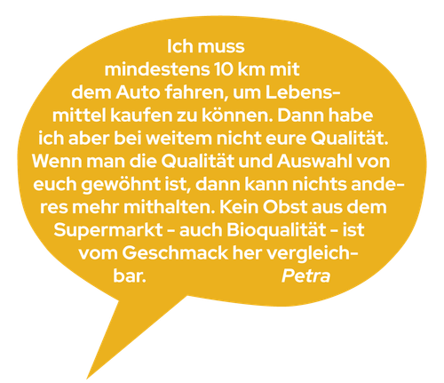 KI generiert: Gelbe Sprechblase mit einem Zitat von "Petra" über Lebensmittelqualität und Auswahl.