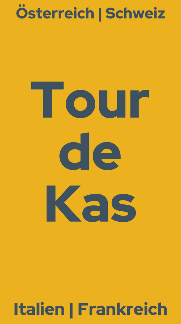 KI generiert: Gelber Hintergrund mit Text: "Österreich | Schweiz, Tour de Kas, Italien | Frankreich".