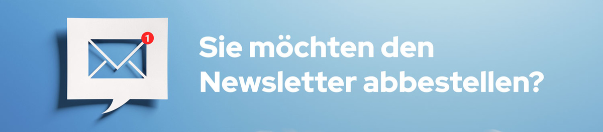 KI generiert: Eine Sprechblase mit Email-Symbol und Text: "Sie möchten den Newsletter abbestellen?" auf blauem Hintergrund.