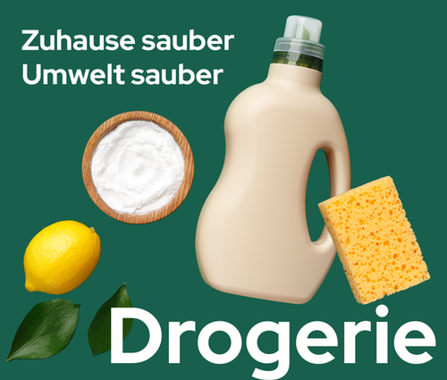 KI generiert: Reinigungsmittel mit Zitrone, Natron, Schwamm. Text: "Zuhause sauber Umwelt sauber Drogerie".