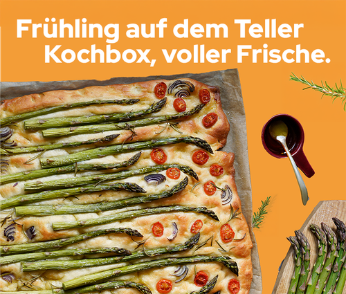 KI generiert: Frischer Flammkuchen mit Spargel und Tomaten auf orangefarbenem Hintergrund. Text: "Frühling auf dem Teller..."